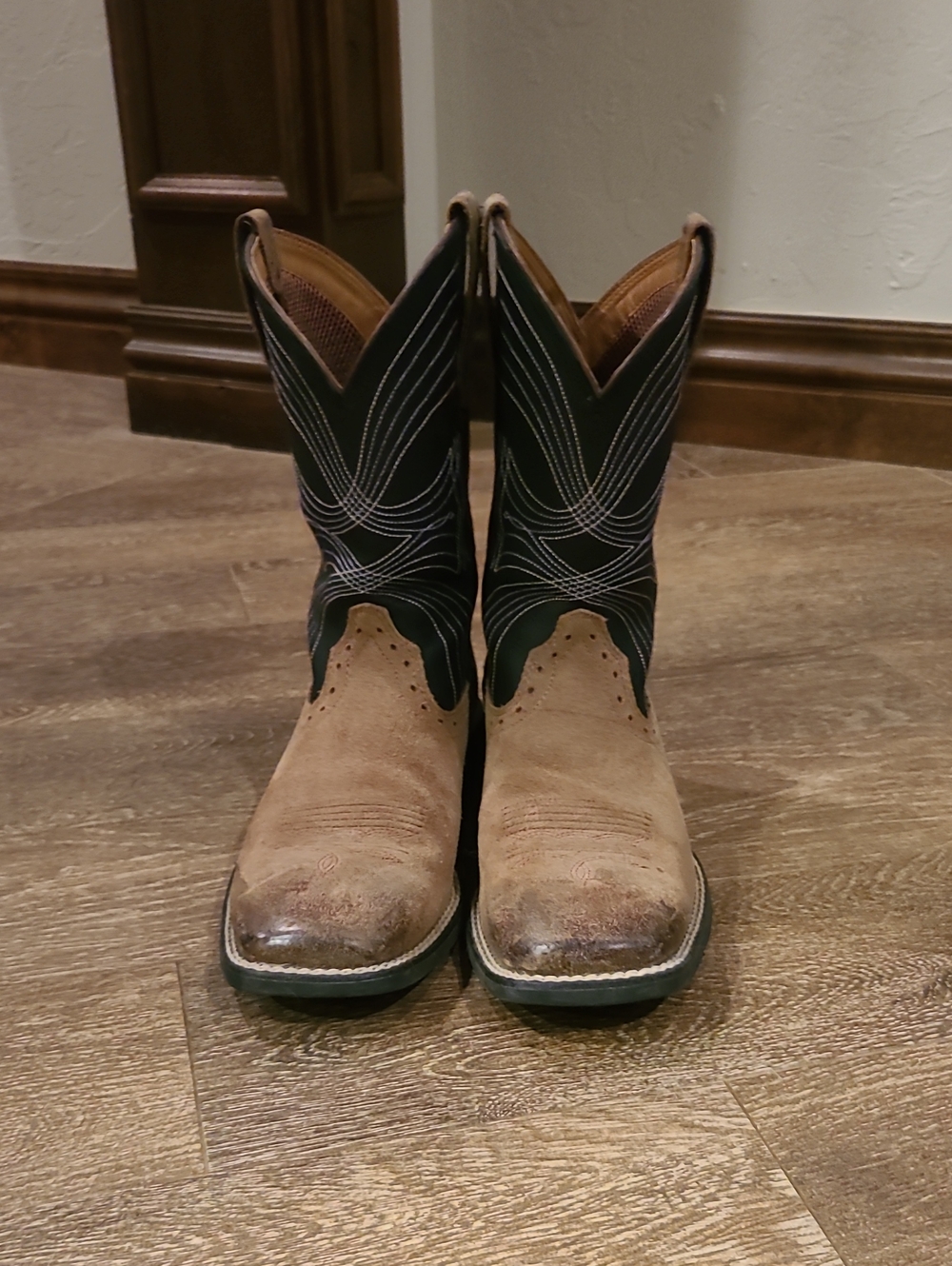 Ariat Tan Suede Foot with Black and White Stitched Shaft Cowboy Boots